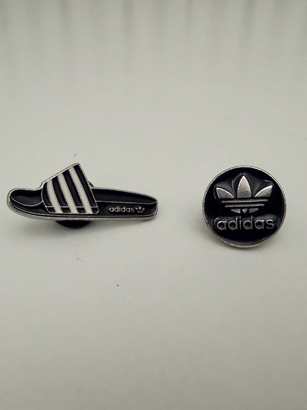 Adidas Slide and Trefoil Logo Enamel Pin Set Black Silver